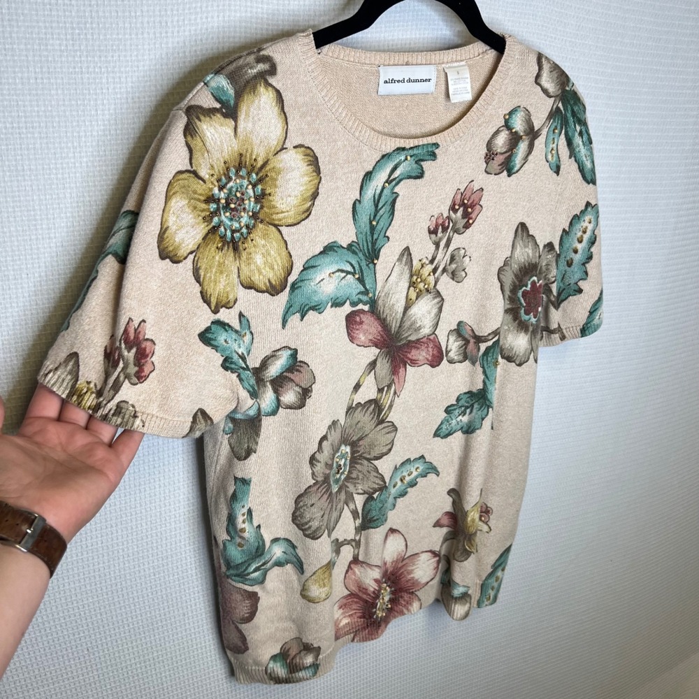 Alfred Dunner Womens Floral Beaded Short Sleeve Sweater Tan Cotton Ramie Small